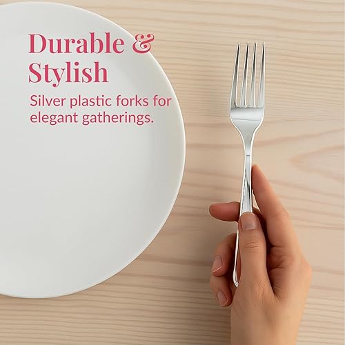 Miniatura 2 de Prestee Paquete de 100 tenedores de plástico plateado resistentes  Elegantes tenedores desechables  Juego de cubiertos plateados de plástico