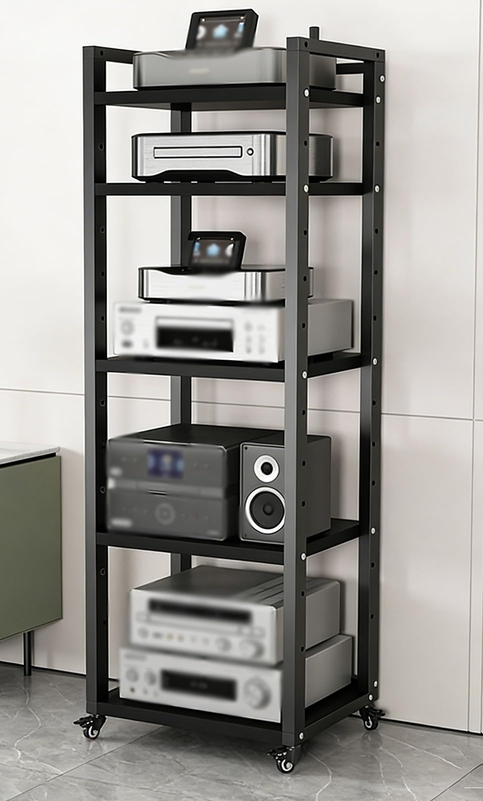stojak audio hifi 5/6/7/8-warstwowy stojak na pojedyncze audio na kółkach, czarna stereofoniczna szafka na regulowaną półką, wysokie stojaki na sprzęt hi-fi i szafki biurowe(5 tier,W 60CM(23 3/5IN))
