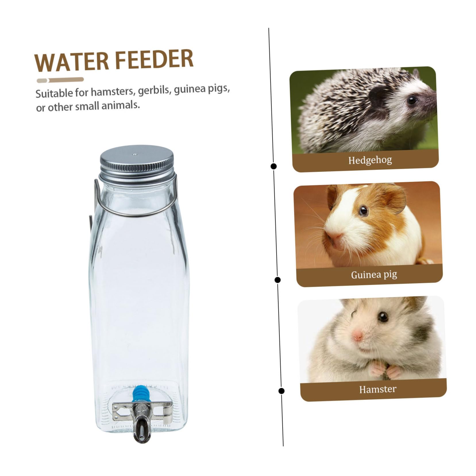Happyyami Bebedero de Agua para Conejos de Vidrio 350ml, Colgante para Jaula, Silencioso, de Acero Inoxidable, Uso Diario