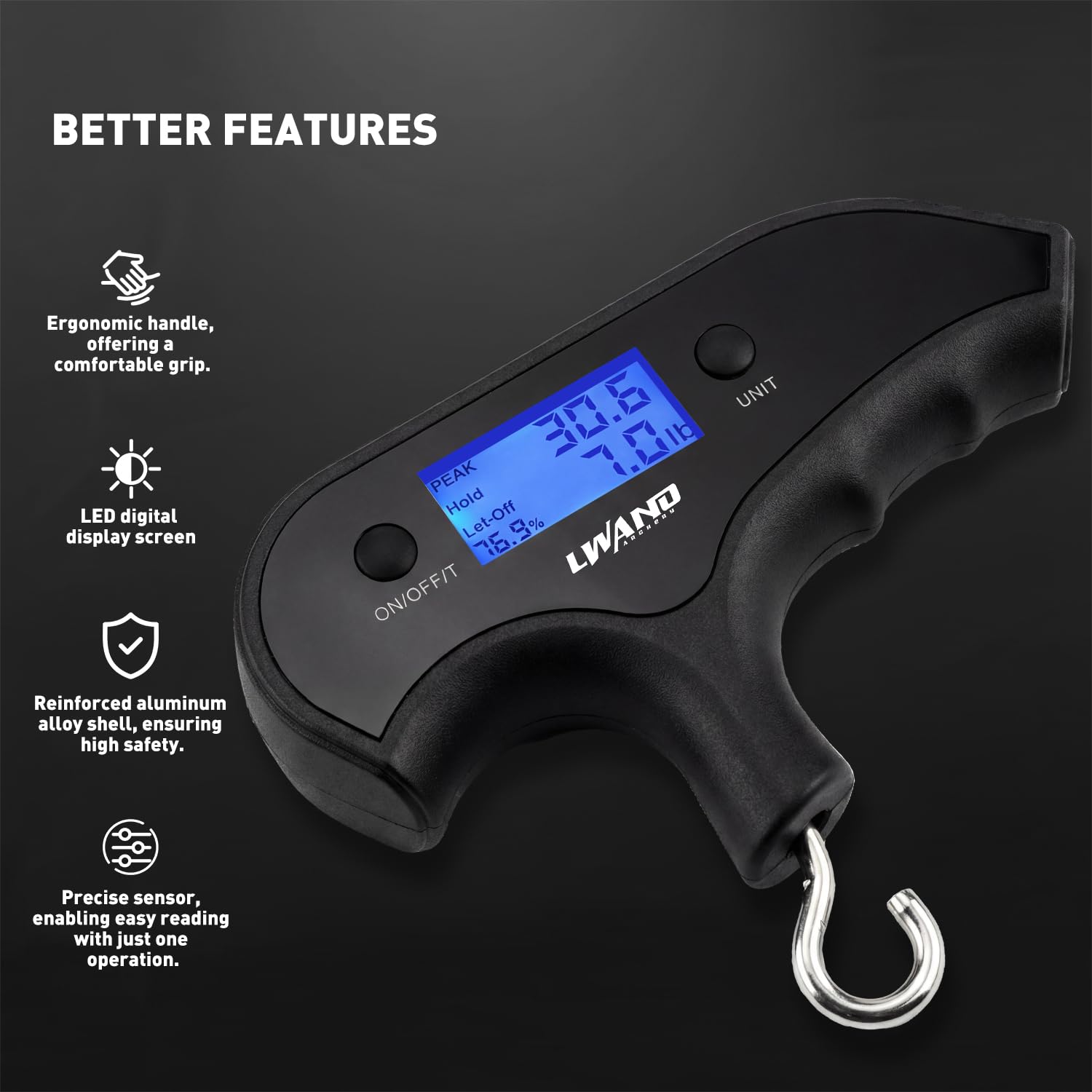LWANO Bow Scale, 110lbs High-Accuracy Archery Compound Bow Draw Weight Scale with Peak/Hold/Let-Off Function