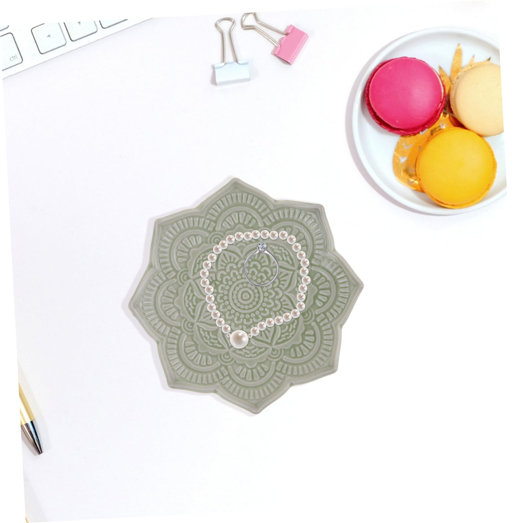 SHERCHPRY 5 Stück Keramik Schmuckschale Goldschale Schmuckschale Ringschale Halter Tablett Ringschale Kommode Ringschale Schmuckhalter Organizer Schubladenschale Goldgrün Weiß