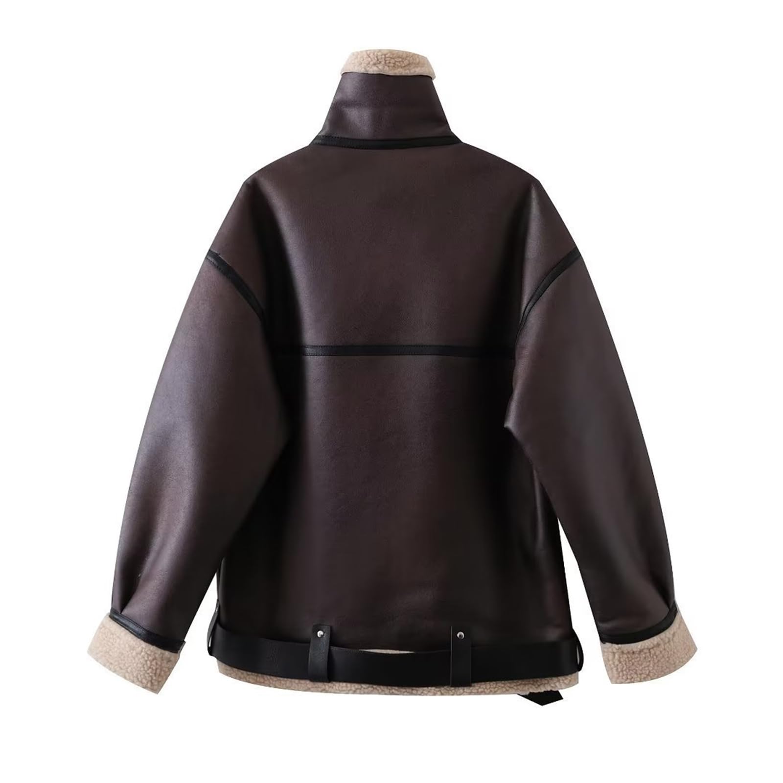 FeMereina Veste courte en cuir synthétique pour femme avec fermeture éclair et revers en fausse fourrure d'agneau
