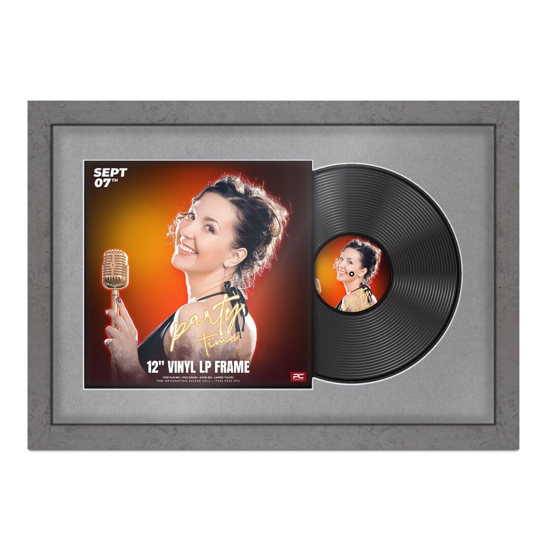 Procut Global 25x17" Grey Marble Vinyl Record Frame for 12 Inch LP Cover & Disc - Display Modern Photo Frame with Overlapped Design-Engineered Wood, Shatterproof Perspex - Mid Grey Mount โ image 1