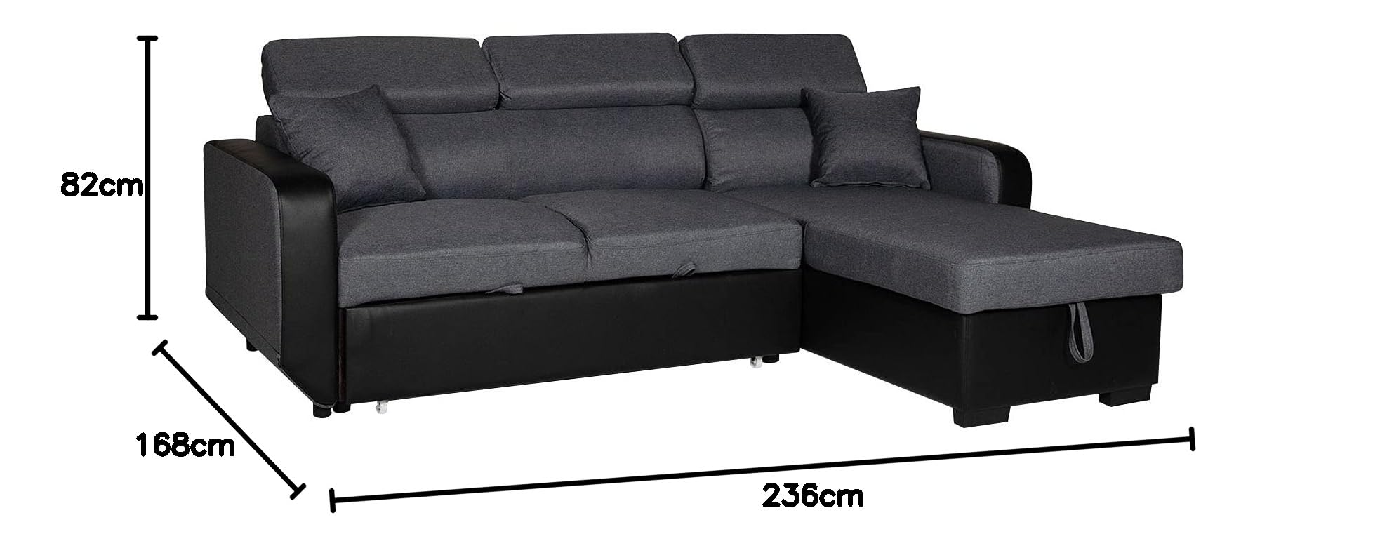 Happy Garden Canapé d'angle Convertible Warren 3 Places en Tissu et Simili Gris chiné et Noir. Canapé avec méridienne réversible, Appui-tête réglable et Coffre de Rangement.