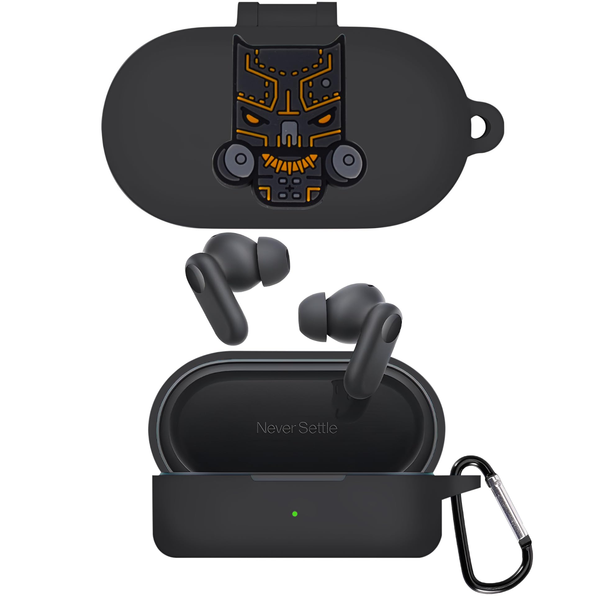 Latali New Silicone Case Compatible with Oneplus Nord Buds 2r Protective Soft Silicone 360° Full Protection Dust-Proof Shockproof Case Cover with Hook (Cover Only) (Black-Panther)-image-25