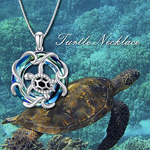 Toupop Sea Turtle Jewelry Pendant Necklace For Women Girls With Blue Crystal S925 Sterling Silver Sea Turtle Wave Ocean Hawaii Beach Necklace Birthday Gifts For Mom Sister #TOP5