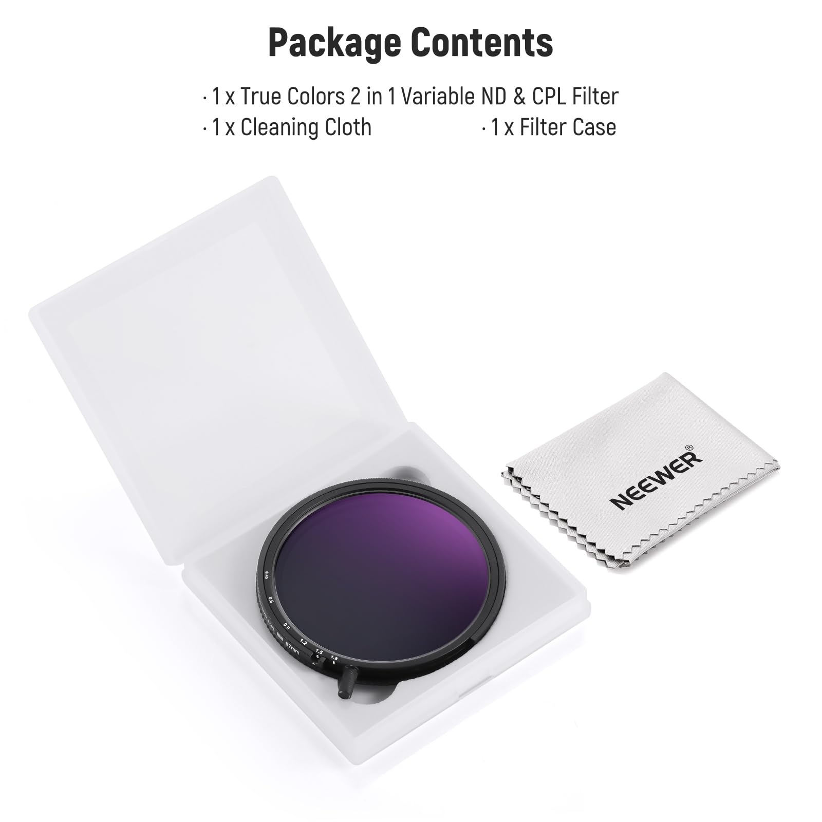 NEEWER 67mm Filtro True Color CPL e ND Variabile+Putter, ND3-64 (1,5-6 Stop), Filtro 2in1 CPL e Densità Neutra Limitata Regolabile, Vetro Ottico HD Multistrato/Telaio in Alluminio/Resistente ai Graffi