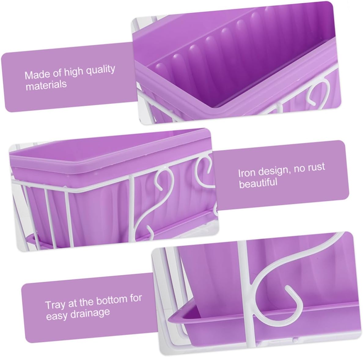 Rectangular Hanging Planter Box with Tray, Medium Purple Flower Pot with White Metal Frame for Balcony Railing, Windowsill Herb and Vegetable Garden Plant Container