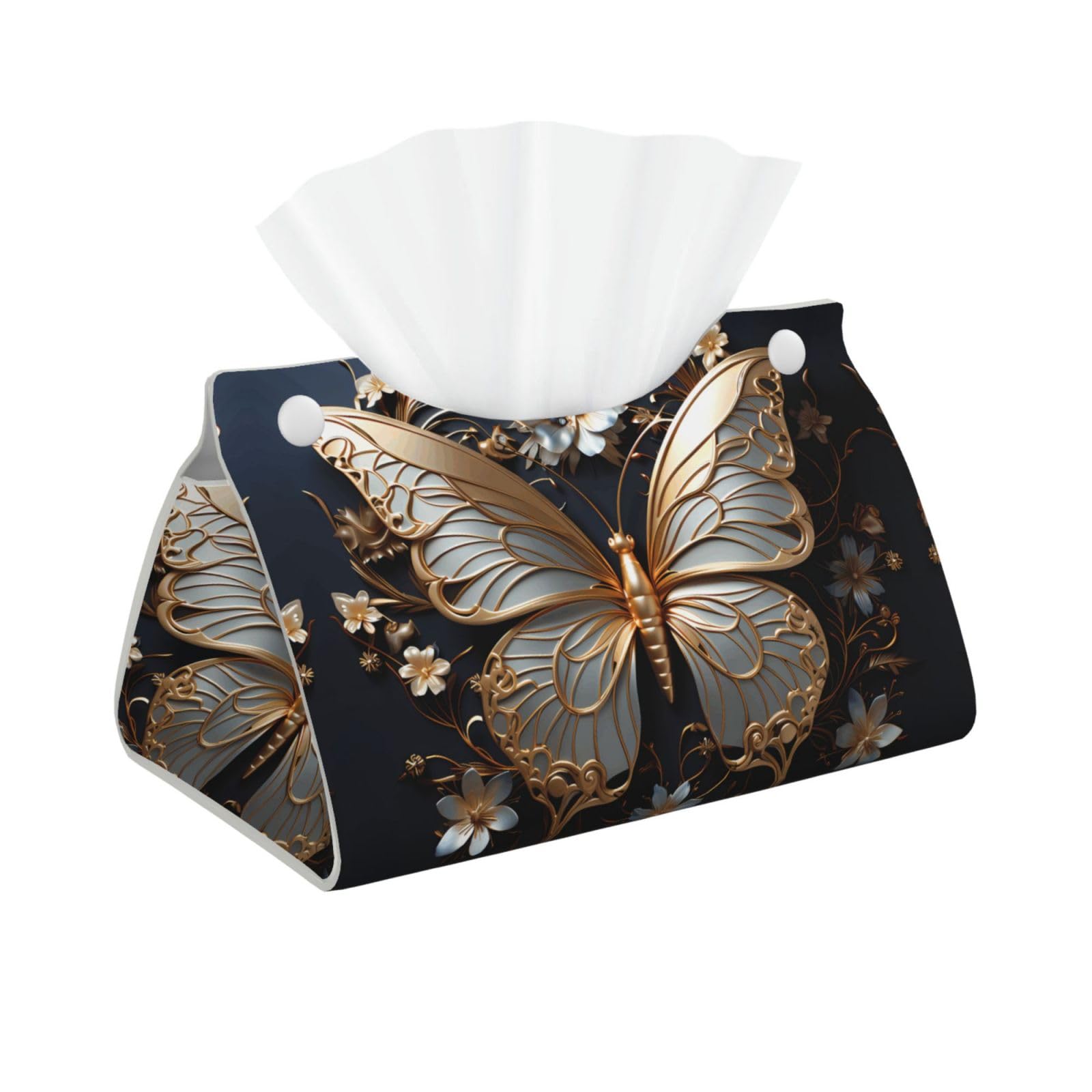 Gold White Butterflies Rectangular Leather Tissue Box Cover, Folding Facial Tissue Holder Dispenser for Car