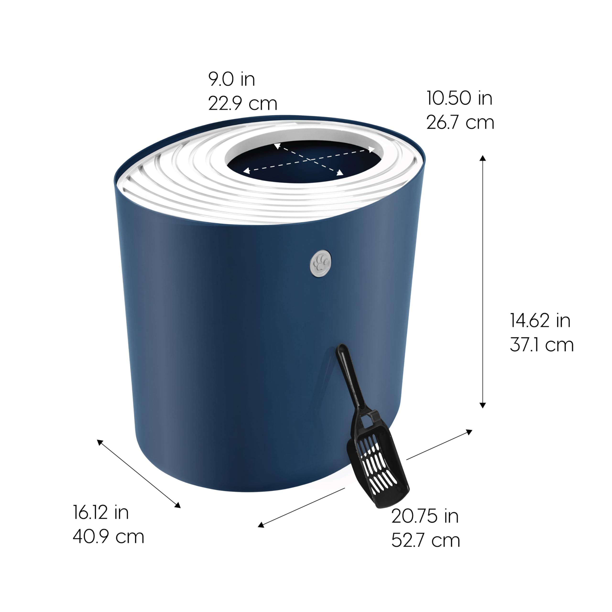 IRIS USA Caja de arena grande para gatos con tapa, entrada superior, recinto cubierto, a prueba de perros, control de dispersión de arena, reducción de olores, incluye pala, azul marino/blanco