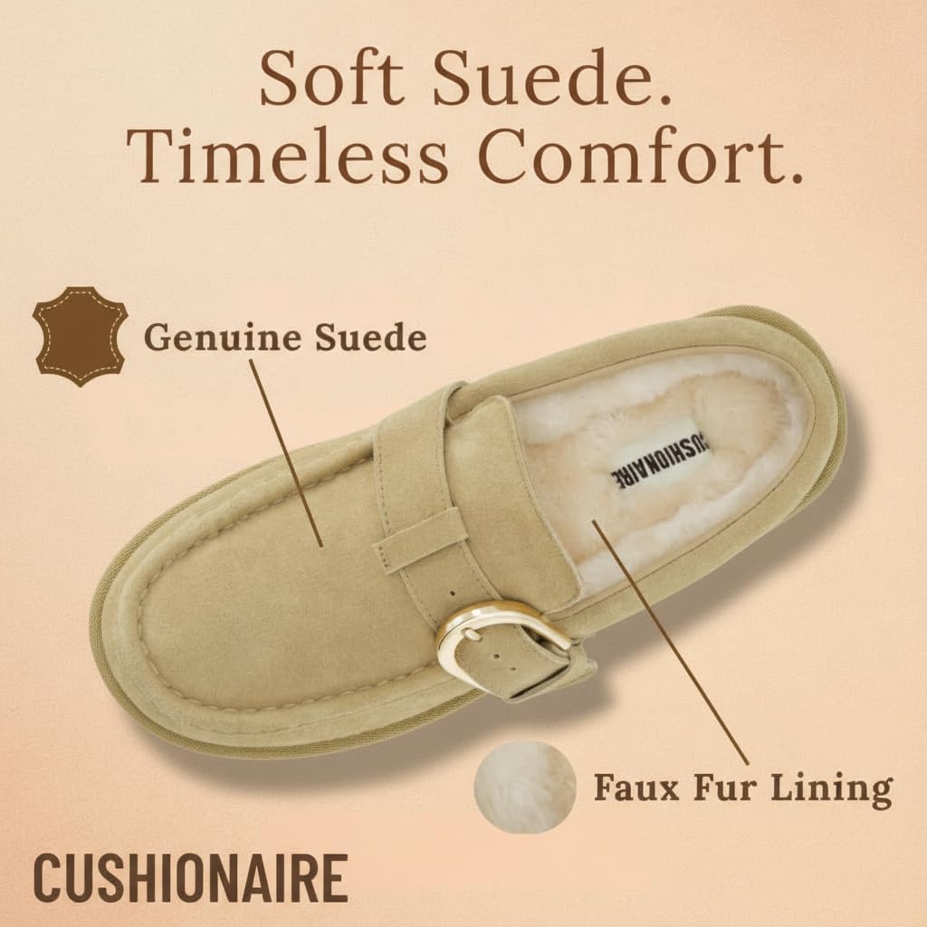 CUSHIONAIRE Origin Genuine Suede Mule Clogs for Women, Cozy Slip-On Moc Toe Loafer with Buckle and Faux Fur Cushioned Footbed - Image 5
