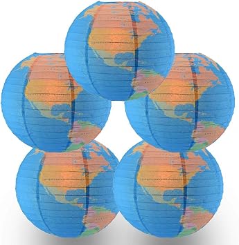 Quasimoon 5-Pack 14 Inch Geographical World Map Earth Globe Paper Lantern