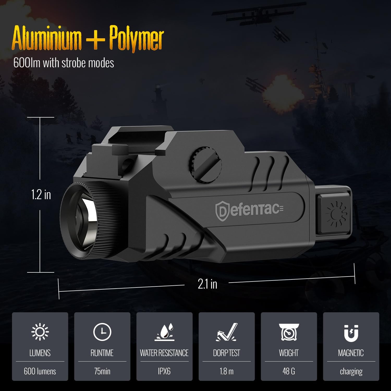 DEFENTAC Pistol Light with Strobe Function for Guns, 600 Lumens Tactical Flashlight for Handguns, High Performance Weapon Light, Magnetic Charging