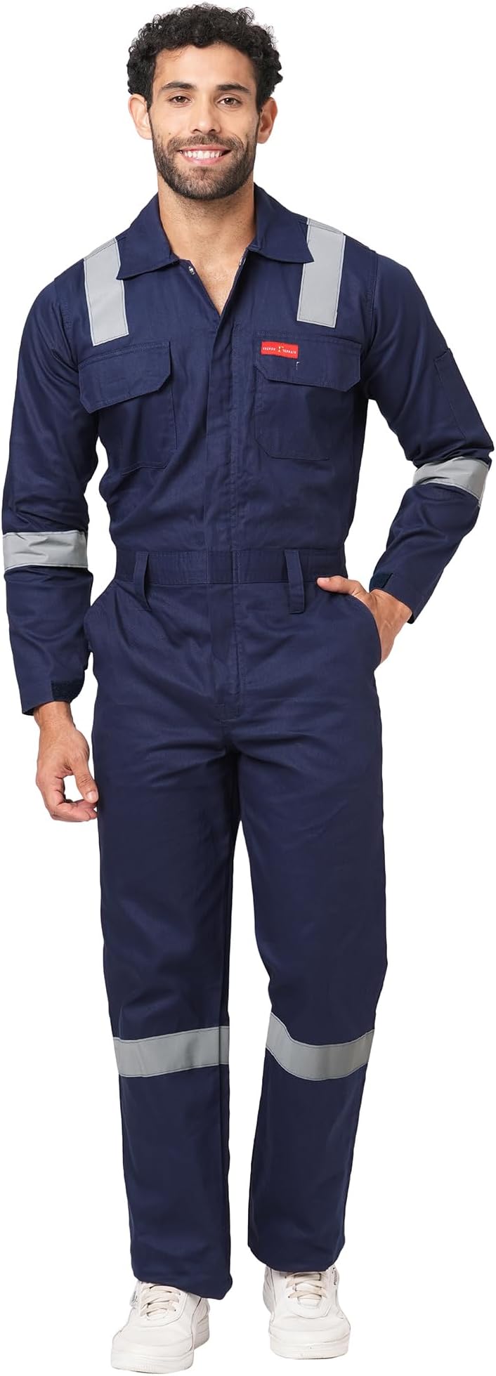 Men's 100% Cotton Industrial Work Wear Coverall Boiler Suit with Reflective Tape, 200 GSM.(Col. Navy Blue, Size 5XL - 50)