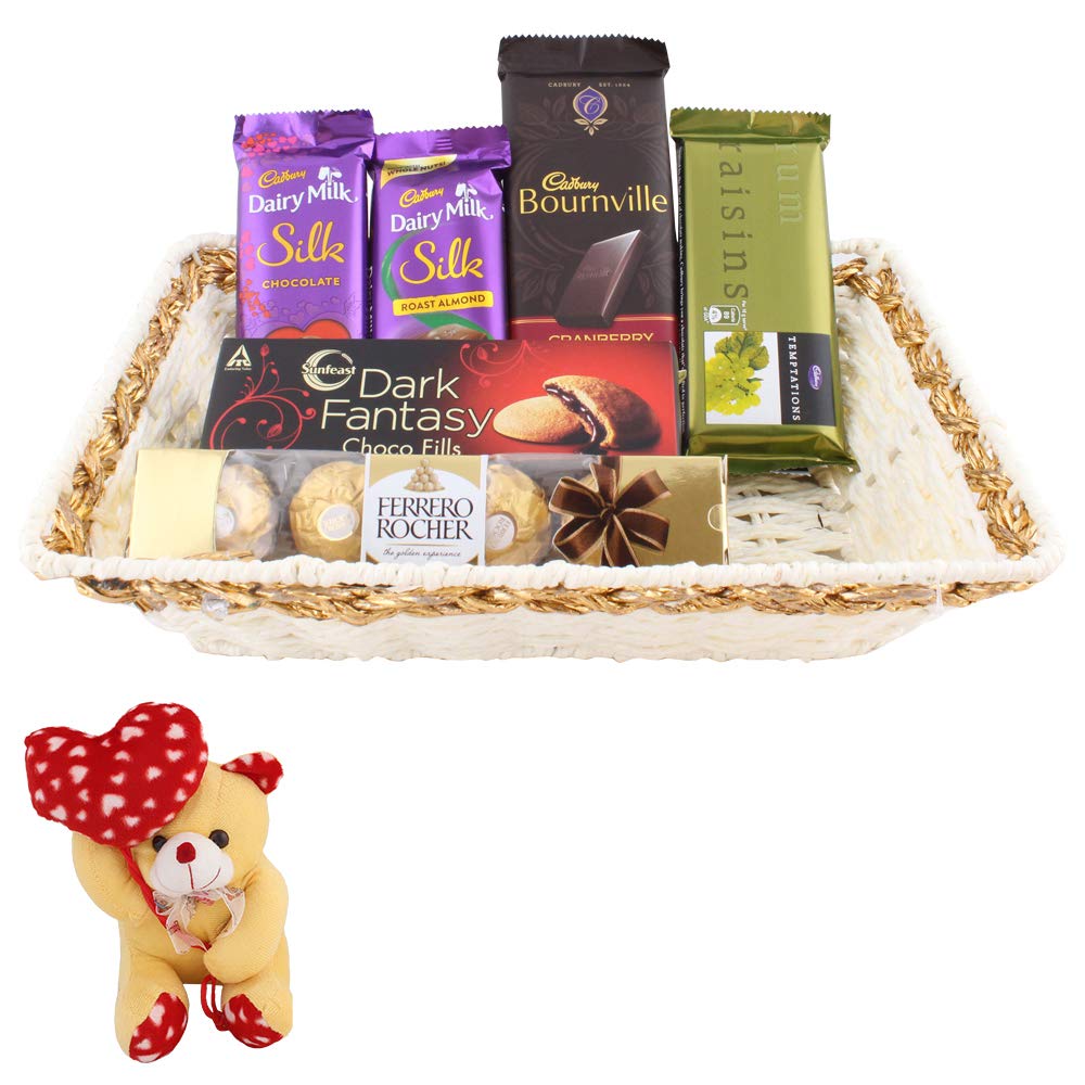 SFU E Com Premium Assorted Chocolate Basket Hamper | Temptation, Bournville, Dairy Milk Silk Choclate Hamper | Valentine Gift Premium Rocher with Beautiful Basket. | Valentine Teddy Bear | 594