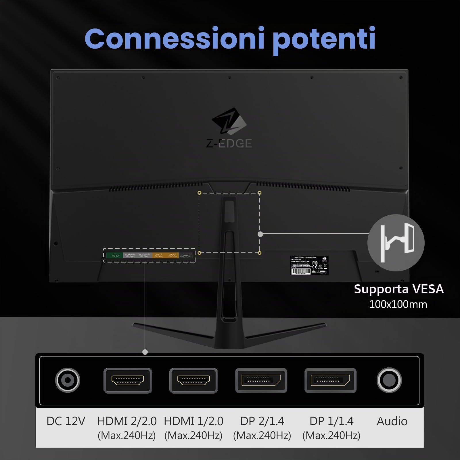 Z-Edge Monitor Gaming 27'' 240 Hz, IPS, 1ms, Schermo PC Gaming FHD 1080P Con HDMI Cavo, FreeSync, 400cd/m², 2*HDMI2.0 & 2*DP1.4, Inclinazione Regolabile, Cornice Ultra Sottile, Montabile VESA 100*100