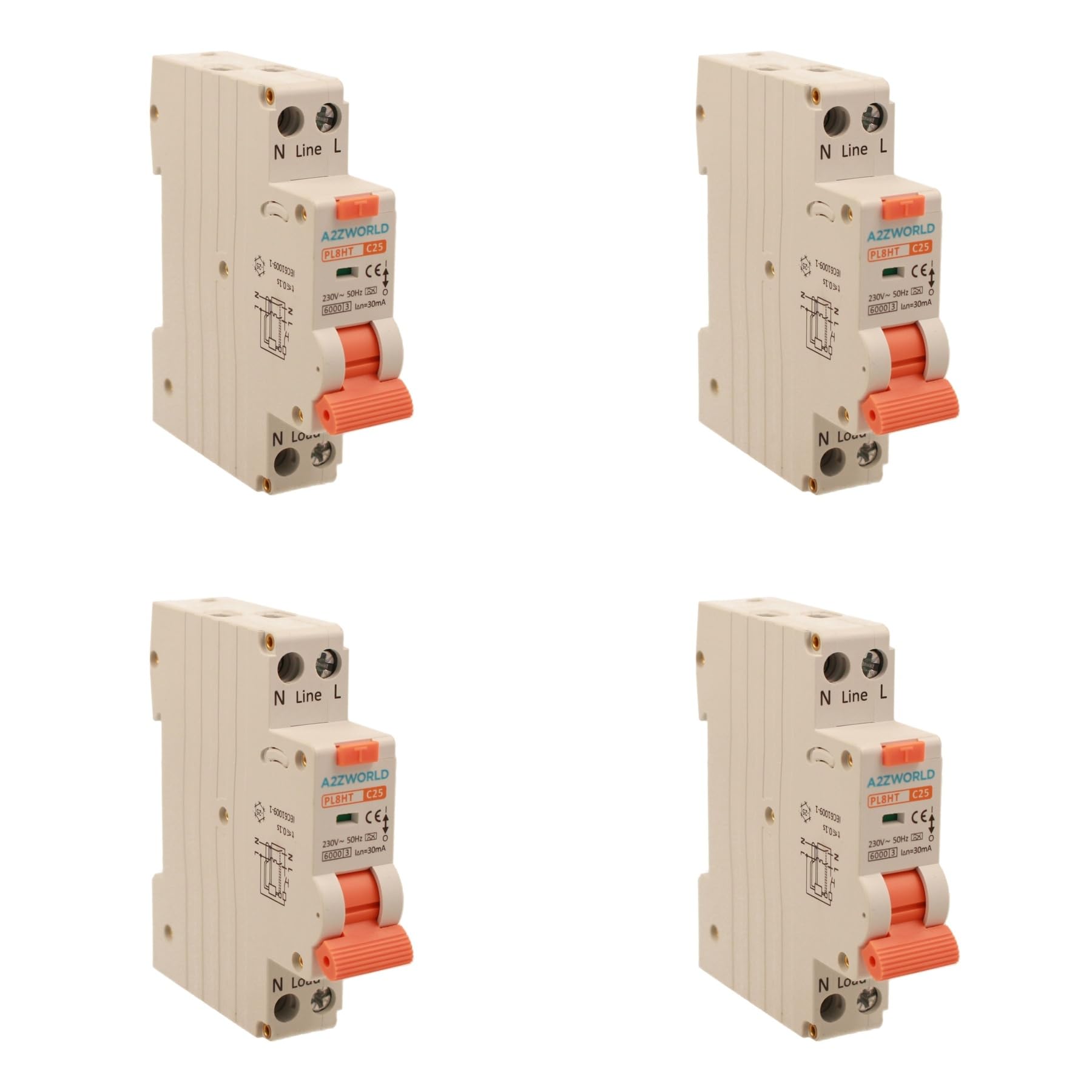 4 interruptores magnetotérmicos diferenciales 1 módulo clase A, 25 A C25, RCBO Slim 1P+N 6 kA 30 mA 220 V, tipo A curva C, serie PL8HT profesional