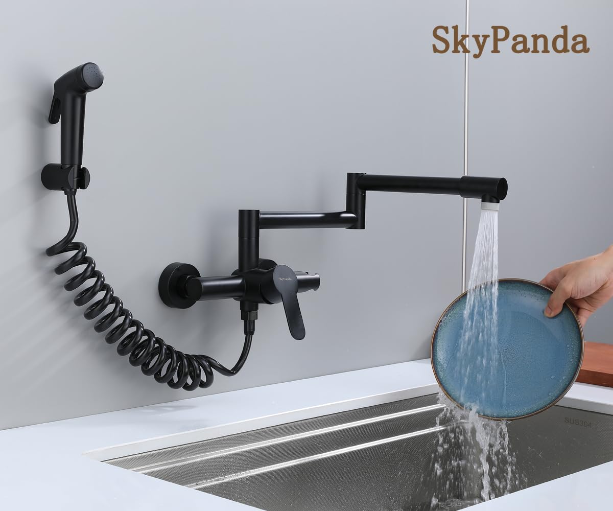 Faltbar Küchenarmatur，Wasserhahn Küche Wandmontage, Spültischarmatur, mit 360° gefaltetem Drehrohr, warm und kalt, multifunktionale Sprühbetriebe, 304 Edelstahl, schwarz