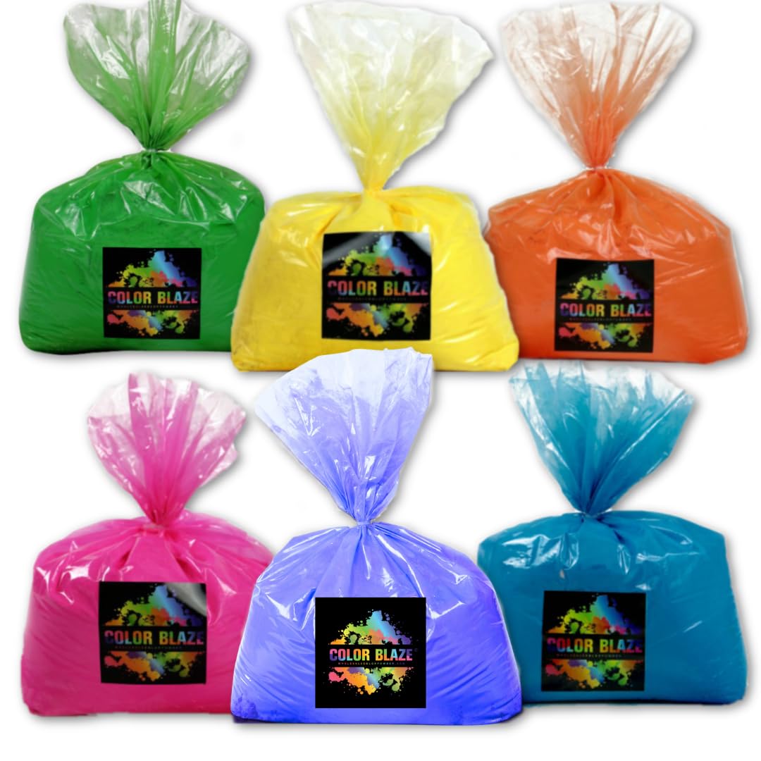 Color Blaze Holi Colored Powder - 5 lbs of Each Color - Pink, Orange, Yellow, Green, Blue, Purple - For Toss, Rangoli, Fun Run, War, Party & Festival - Pack of 6 Bags - 30 Pounds in Bulk
