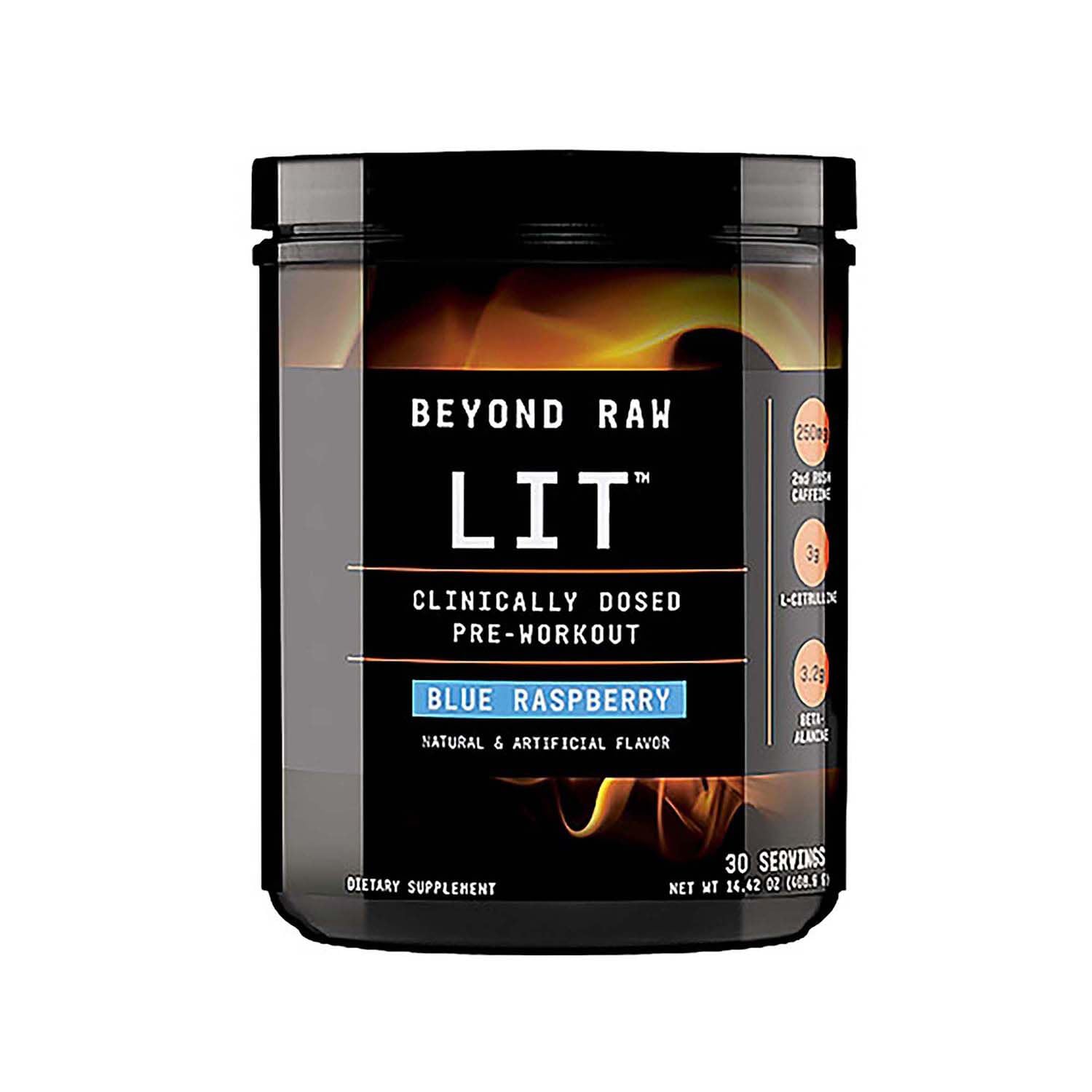 Beyond Raw LIT Pre Workout Powder Supplement for Men and Women, Energy, Focus, Endurance, Pumps, Nitric Oxide Boost, 250mg Caffeine, Creatine, Beta Alanine, Blue Raspberry 30 Servings
