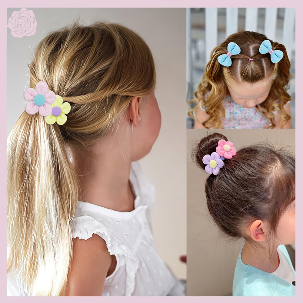 Babymoon Set of 12 | Baby Girl’s Ponytail Pastel Flower & Bow Kids Hairband Rings | Fashion Hair Accessories - Image 3 thumbnail