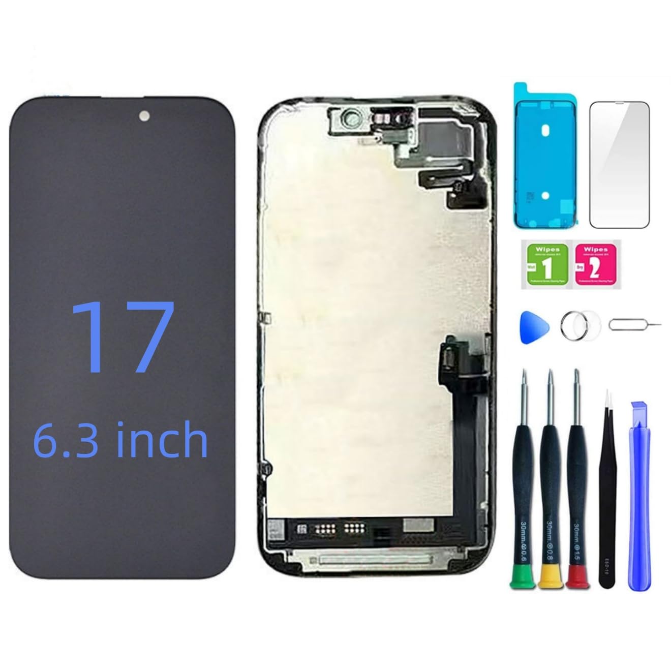 Zamiennik ekranu do iPhone'a 17 6,1-calowy wyświetlacz dotykowy LCD 3D Full HD Digitizer Frame Assembly (A2848, A3101, A3102, A3104) z zestawem narzędzi naprawczych, ochraniacz ekranu