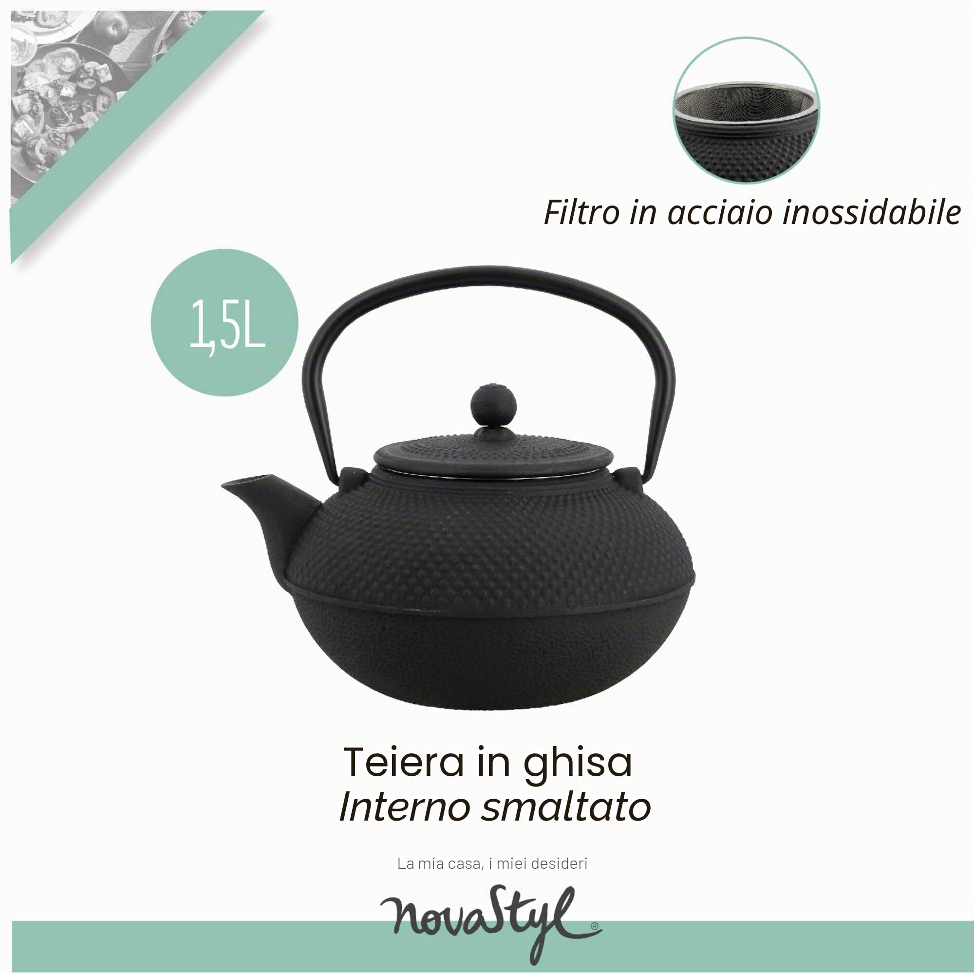 MENASTYL 7321422 TheKitchenette-Teiera in ghisa Nera, 1,5 l, Ø 18 x 17 x 11 cm, Nero