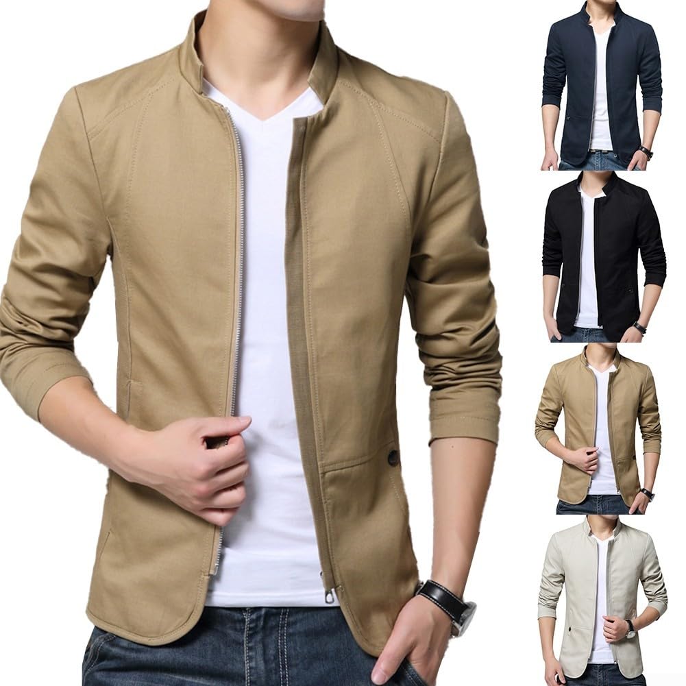 Chaqueta de traje formal con cremallera para negocios, con cuello, chaqueta casual para hombre (talla L, azul marino)