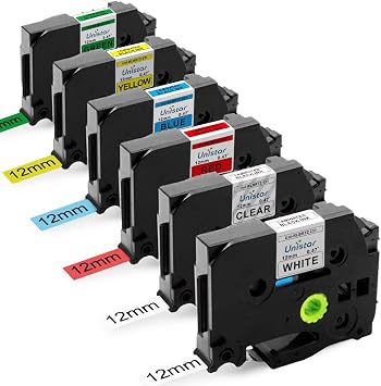 Amazon.com: Unistar - Cinta de etiquetas de repuesto para Brother PT-D210  H110 D200 (6 unidades, 0.472 in), color negro, blanco, rojo, azul, amarillo  y verde : Electrónica