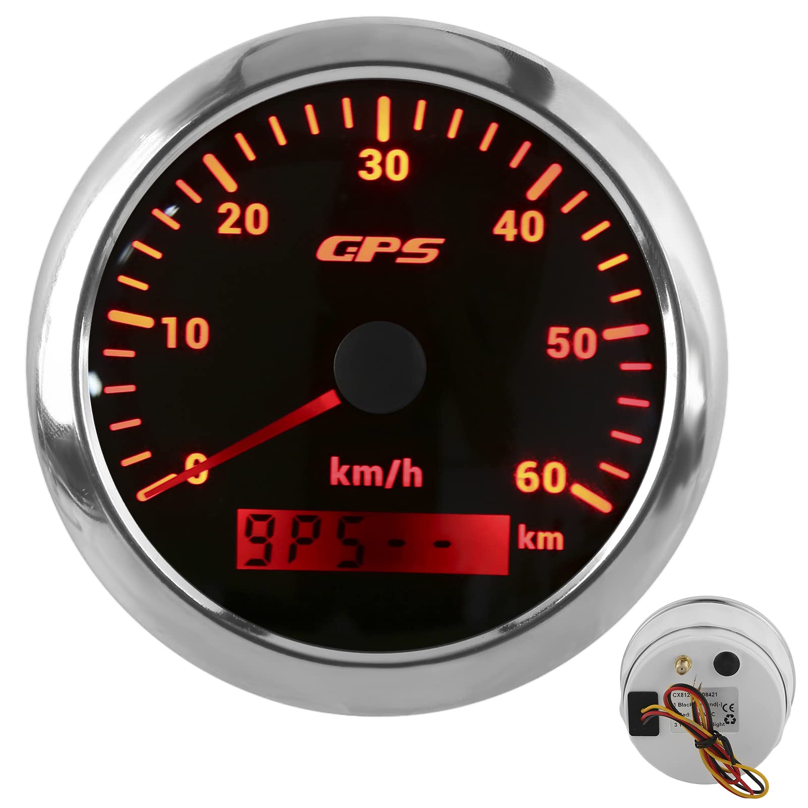85mm GPS Tacho 0-60 km/h LCD Display Odometer mit verstellbarer Beleuchtung für Auto Boote 9-32V DC (Schwarz)