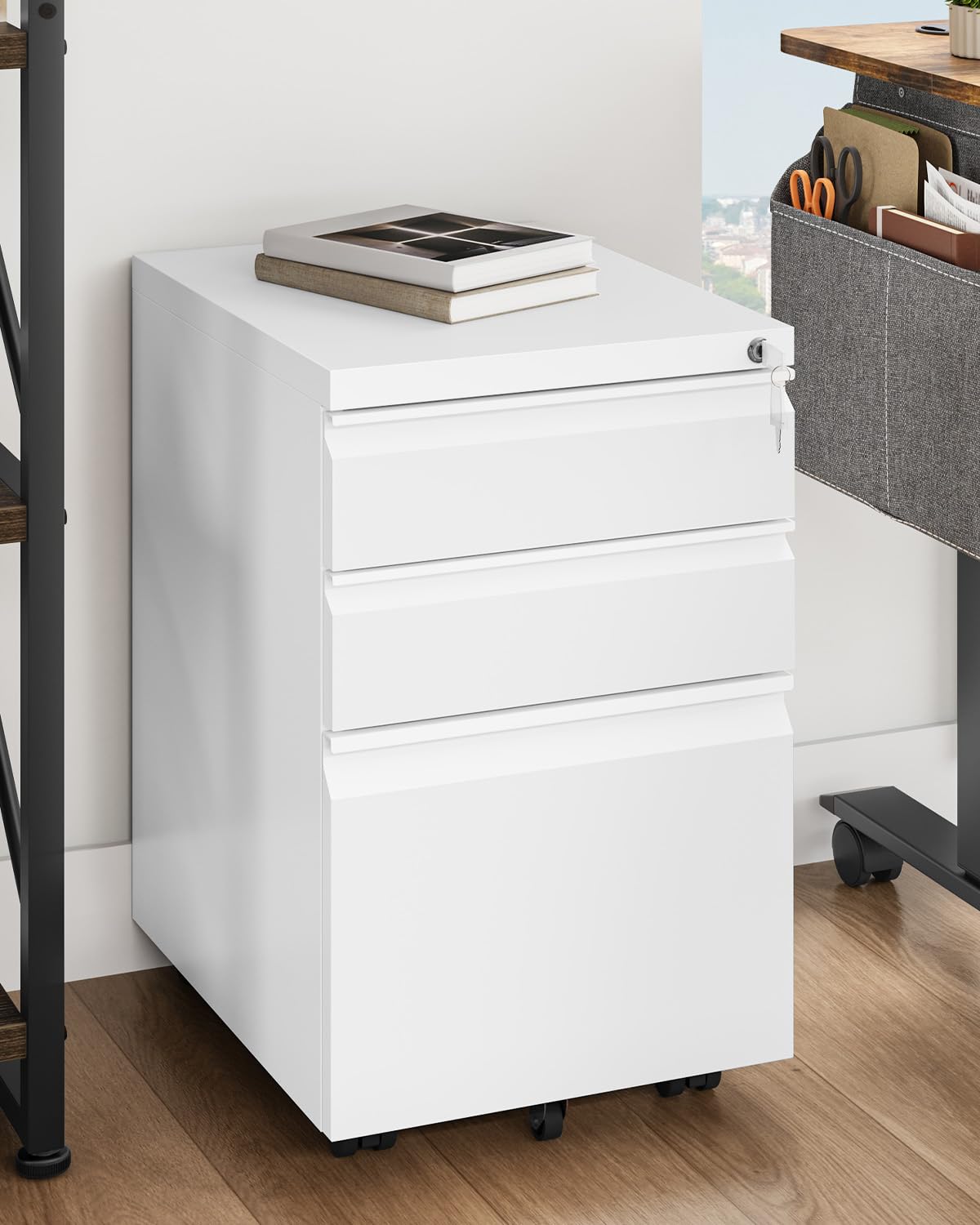 YITAHOME Armario Archivador Móvil, 3 Cajones Cajonera de Oficina con Ruedas, Metalico Mueble Oficina Archivador con Cerradura y Llave para Carta/A4, Blanco, 46 x 39 x 62cm