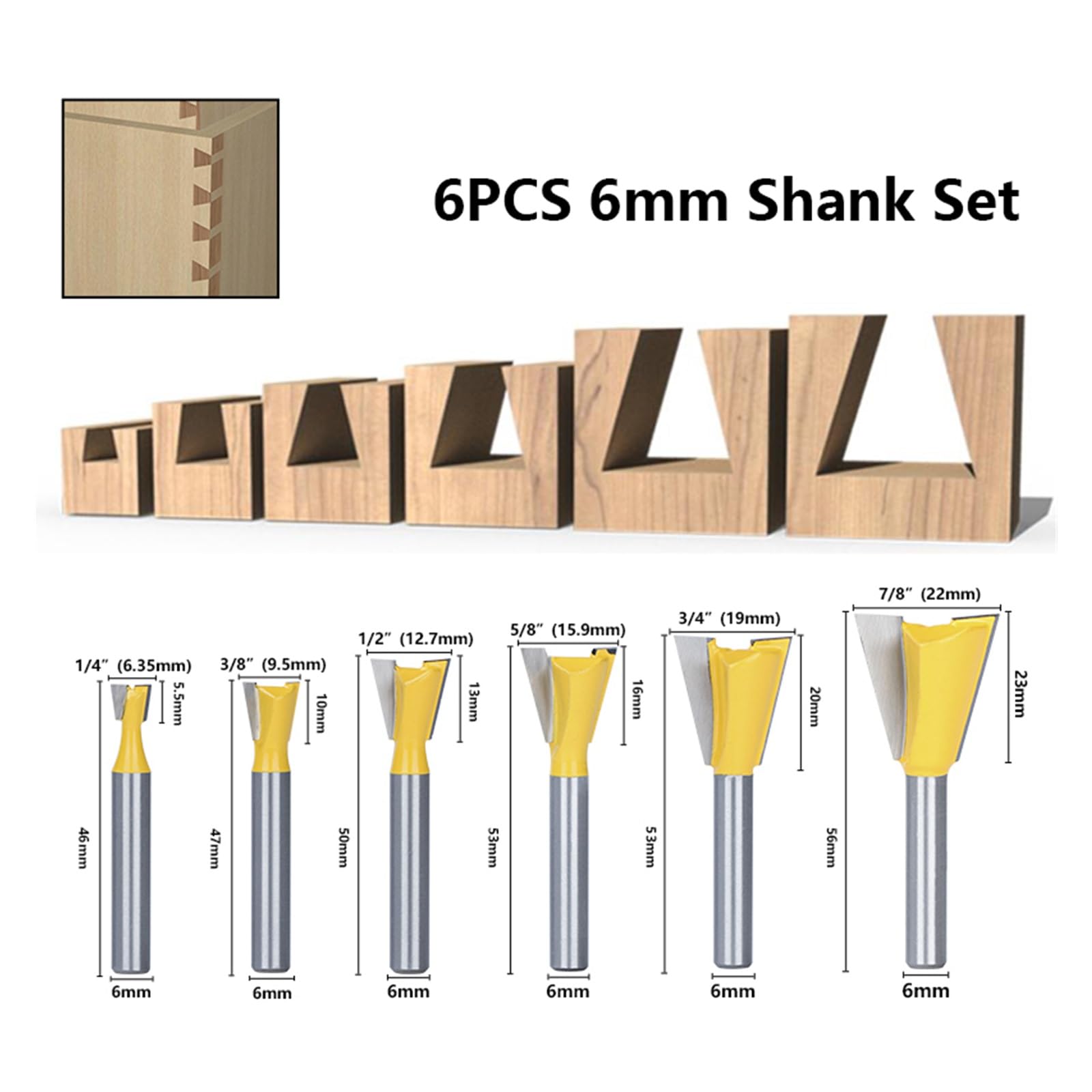 1/6 sztuk frez do drewna 6mm 1/4 Shank jaskółczy ogon wspólne 14 stopni węglikowy przyrząd obróbki narzędzia(6 pcs set)