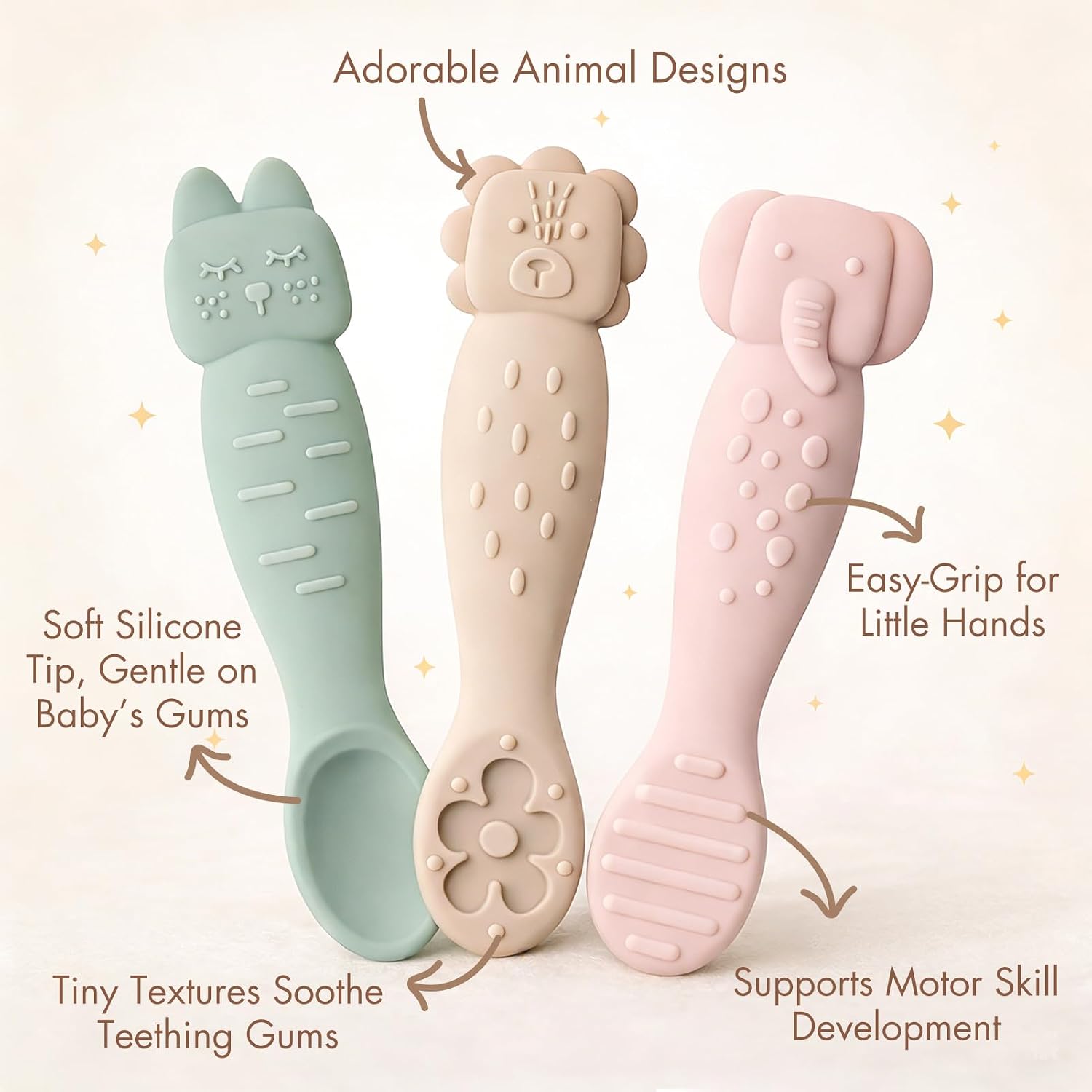 ROCCED Silicone Baby Spoons for Self Feeding 3M+, Stage 1 Infant Feeding Spoons and Teething Toy 2-in-1, Soft Tip Toddler Chewable Utensils for BLW Led Weaning, BPA Free Easy Grip Short Handle 6PK