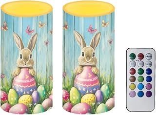 2 Pack Easter Eggs Flameless Candles with Remote Battery Operated Candles with Timer Outdoor Lanterns, Bunny Print Flameless Pillar Lights for Holiday Party Decoration
