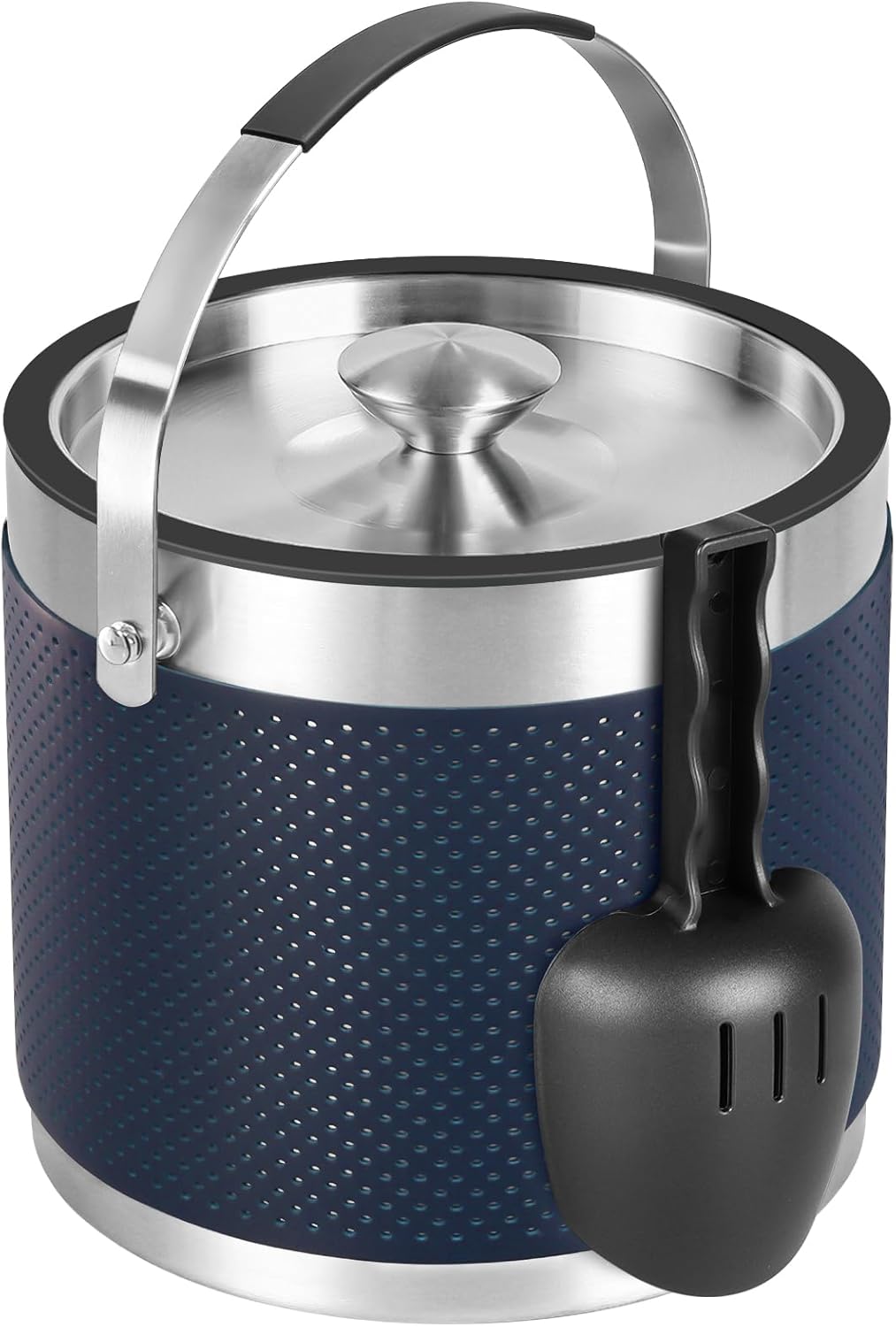 3Quart/3.2L Insulated Stainless Steel Ice Bucket with Lid, Scoop, Leather Design Double Wall Wine Bucket for Cocktail Bar, Parties (Dark Blue) - Image 3