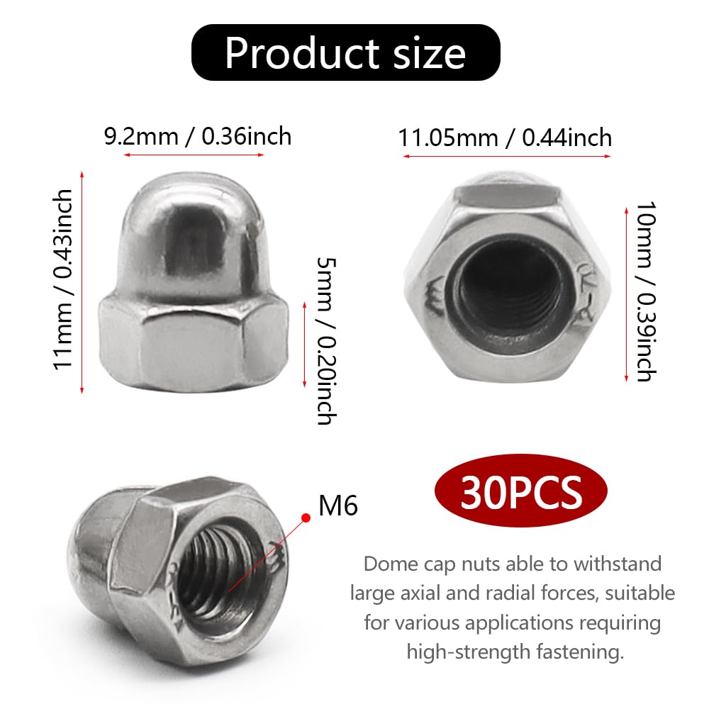 Aoyswuz 30 Pcs M6 Dome Cap Nuts 304 Stainless Steel Acorn Dome Head, Dome Head Hex Lock Nuts for Fastening Various Bolts(M6) - Image 2