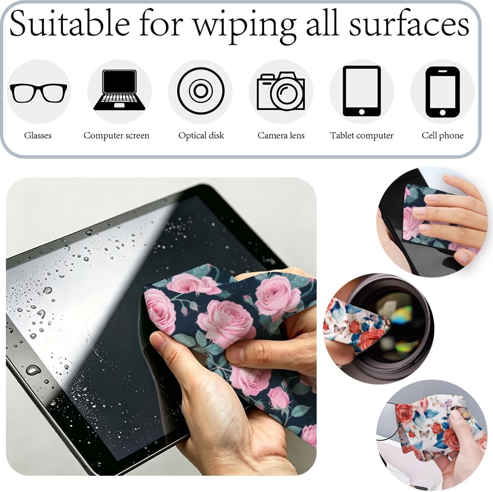 8Pcs 8 Styles Floral Glasses Cleaning Cloth 6 x 6 Inch Eye Glasses Cleaner Wipes Clothes Roses Design Reusable Microfiber Cleaning Wipes for Cleaner Lens Eyeglasses Camera Phone Screen