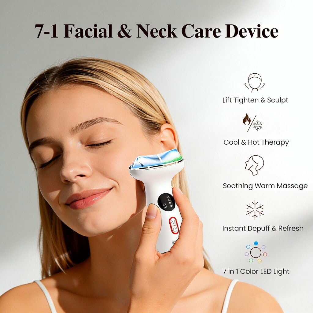 Cold Heat Facial Massager for Face Neck Tightening Lifting Depuffing,7-in-1 Red Light Therapy Sculptor Tool& Depuffer Wand,Cooling LED Electric gua sha Lift Device,Reduce Forehead Frown Smile Lines - Image 2