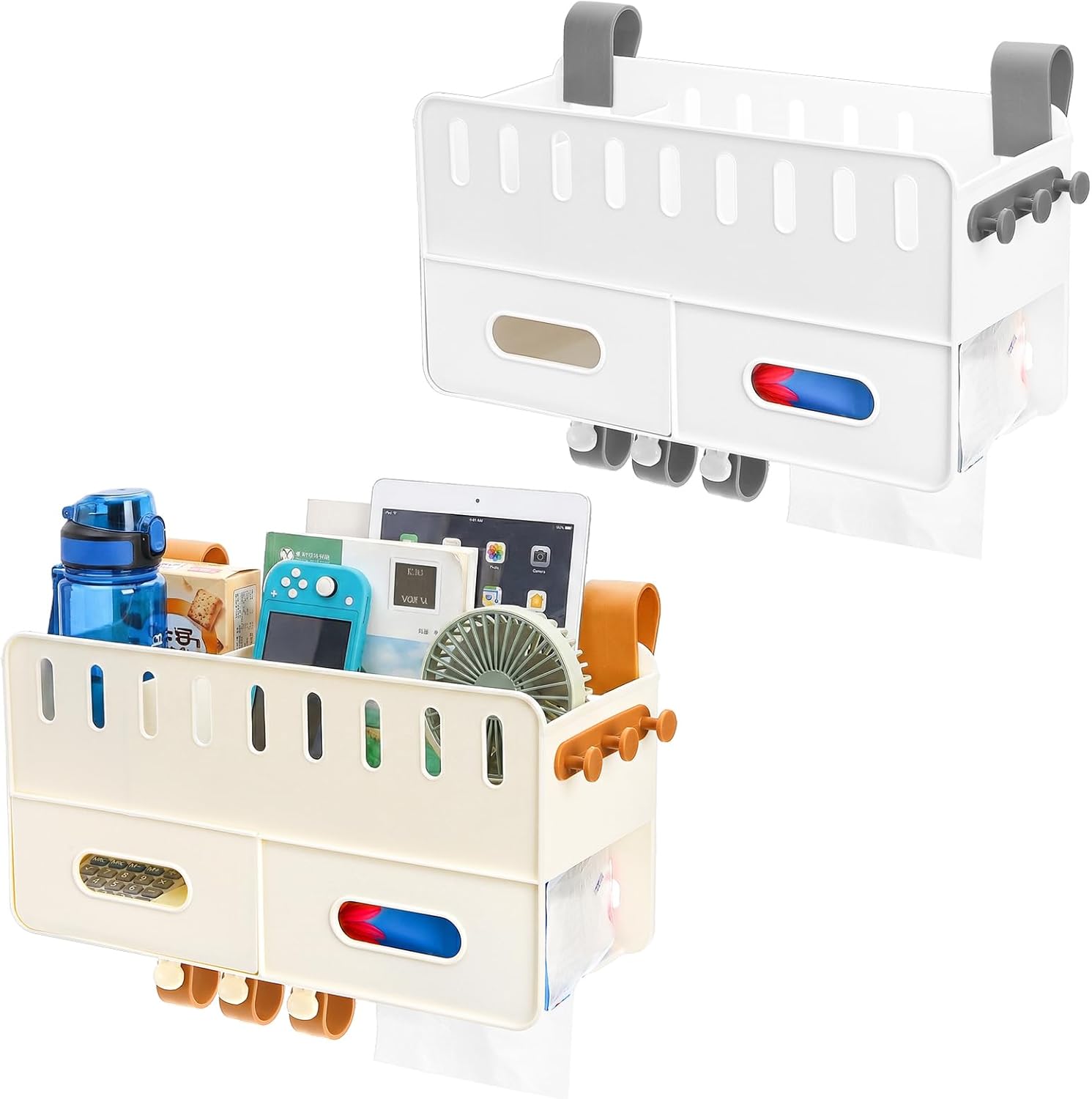 yarlung 2 Pack Bedside Organizer Hanging Caddy, Bunk Bed Shelf Plastic Storage Basket with Hooks for Bed Rail, Tissues, Remote Holder, Dorm, Bathroom, 2 Colors