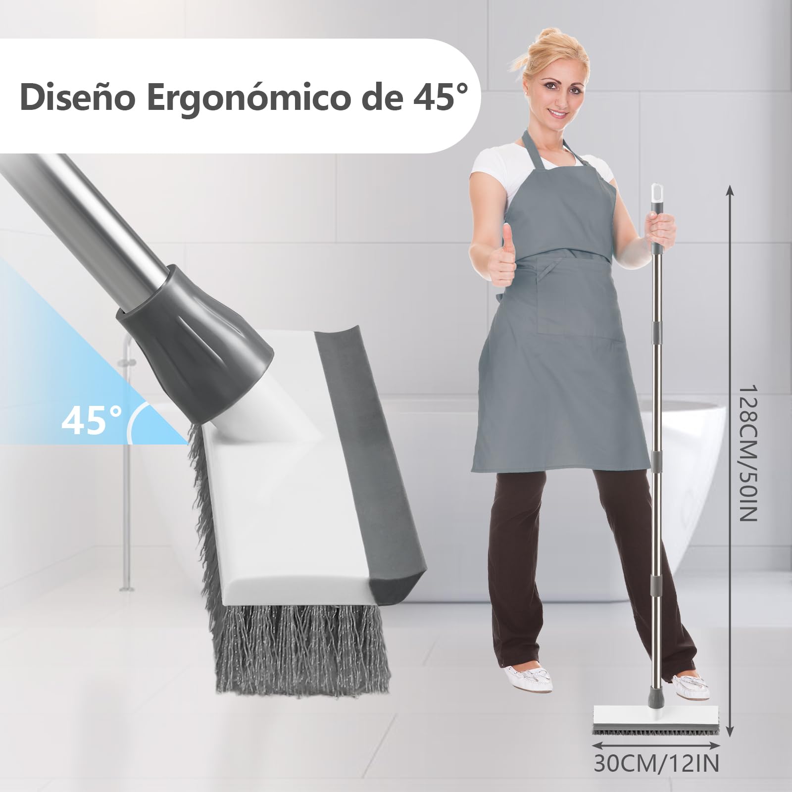 Mitclear Cepillo de Limpieza de Suelo con Mango Largo(128cm), 2-en-1 Escobilla de Cerdas Rígidas con Escobilla de Goma para Limpiar Azulejos, Pavimento in Legno, Cocina, Baño, Terraza, Patio, Garaje