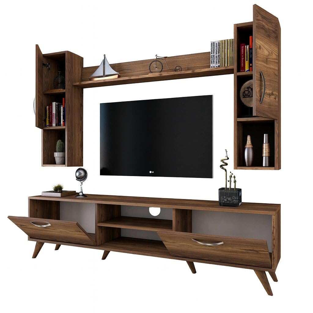 Dmora - Parete attrezzata Lucifer, Composizione soggiorno, Mobile salotto multiuso, Armadio porta TV, 180x35 h49 cm, Noce