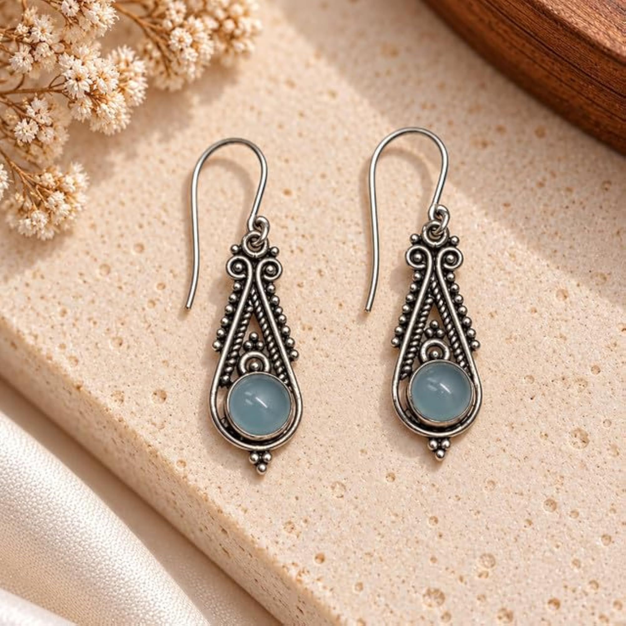 Women's 925 Sterling Silver Chalcedony Drop Earrings, Traditional