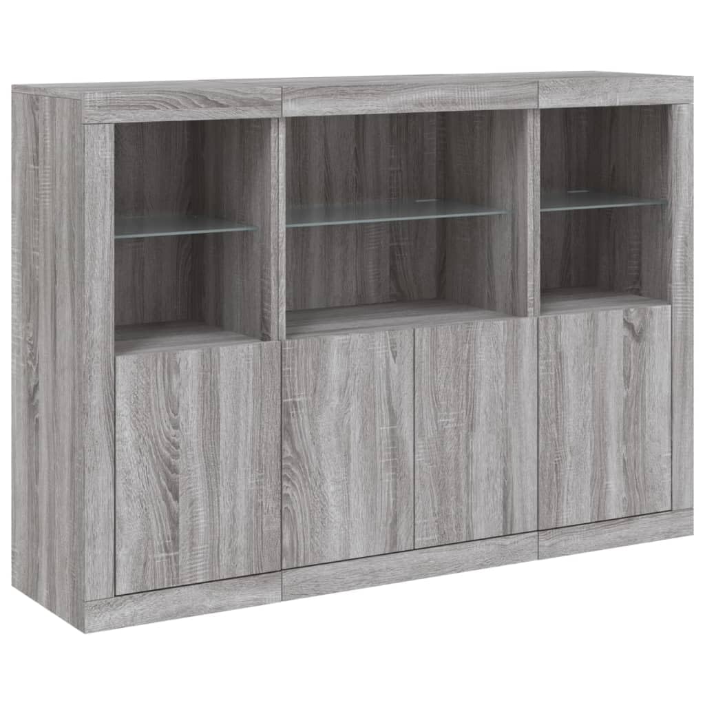 Les buffets gris avec éclairage LED RVB en bois offrent beaucoup d'espace de rangement et sont disponibles en lot de 3 avec lampes LED réglables