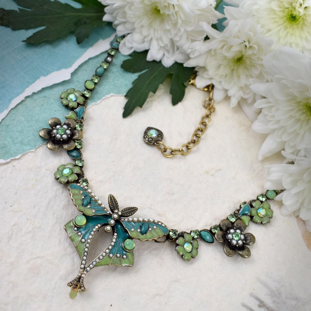 American Made Luna Moth Necklace | Austrian Crystal and Cast Pewter, Adjustable 17" to 19.5"