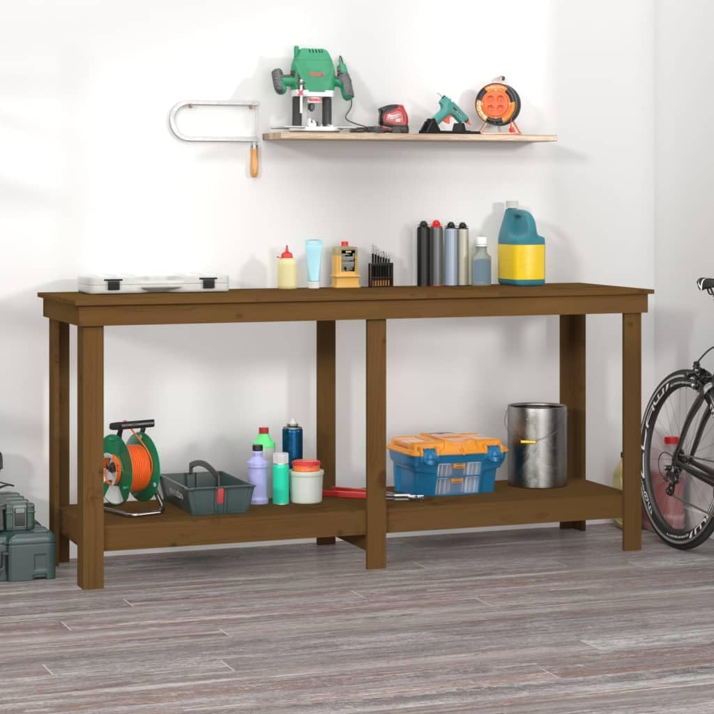 Banco da lavoro in legno di pino massiccio, 180 x 50 x 80 cm, con ripiano e cassetto, per officina, garage, cantina, fai da te, tavolo per hobby, con piano di lavoro stabile e stazione