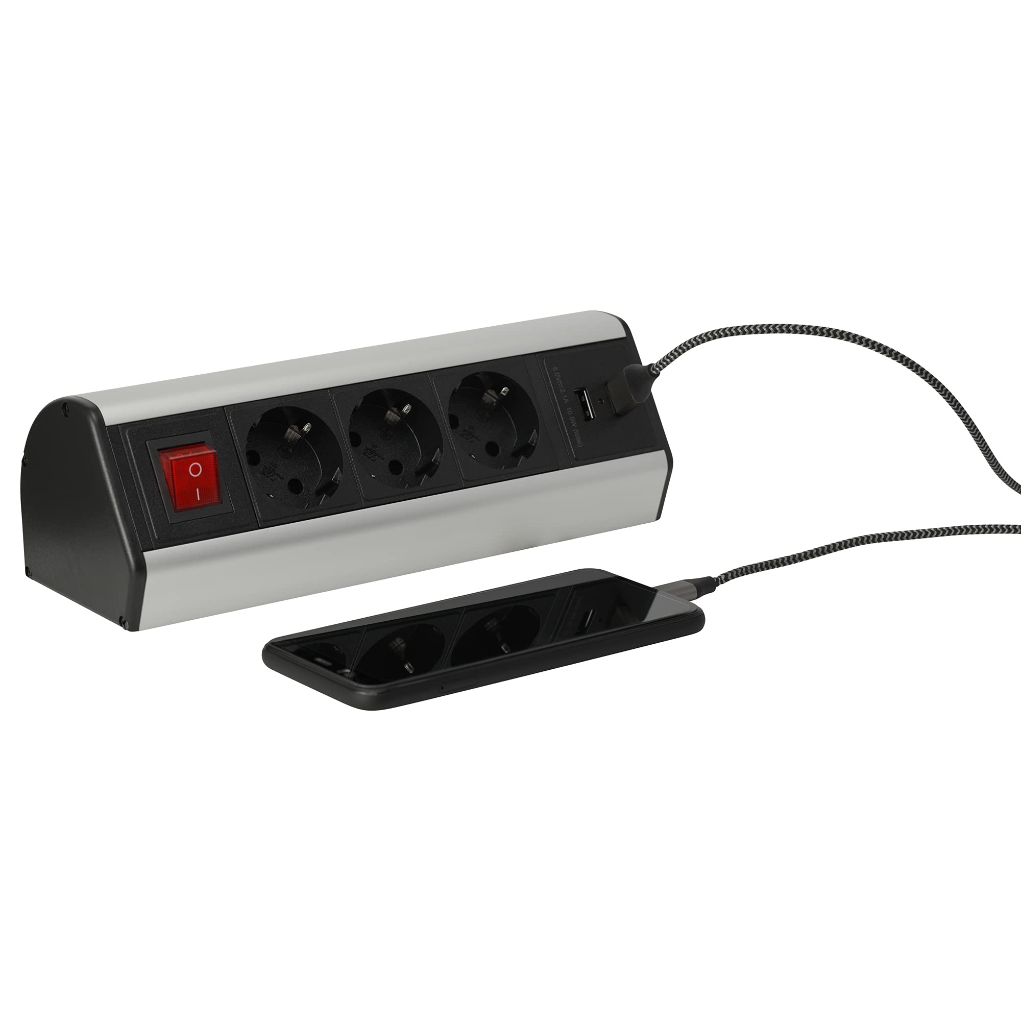 Mehrfach-Steckdose 3-fach & 2x USB mit 2M Kabel - Steckdosenleiste schaltbar als Schreib-Tischsteckdose und Steckdosenverteiler - Steckerleiste für Küche Büro Möbel mit einfacher Montage mit Schalter