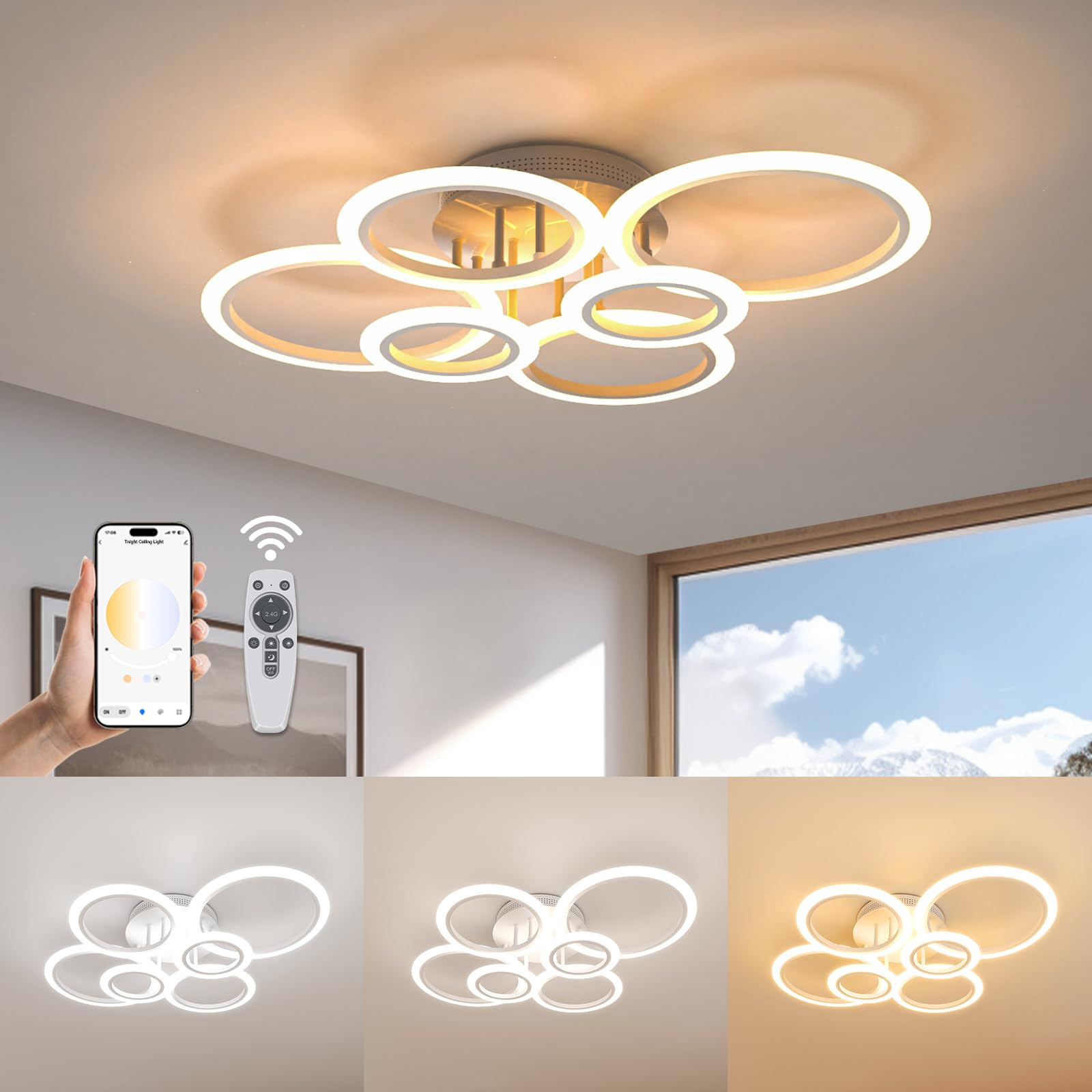 72W Wohnzimmerlampe mit Fernbedienung&App,Helligkeit Einstellbar,Φ80cm,6 Ring,Modern Deckenleuchte Wohnzimmer,2800k-7000k,6400lm,Led Deckenlampe fur Wohnzimmer Schlafzimmer Küche Flur,Superhell