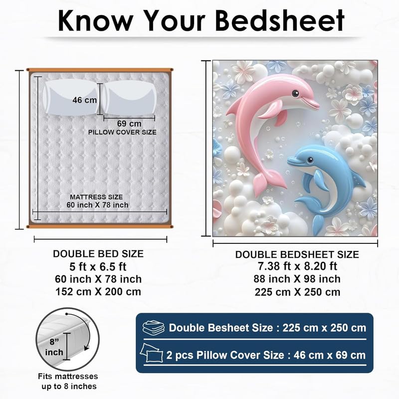 Image of Akshya 7D Digital Printed Glace Cotton Double Bed Sheet with 2 Pillow Covers - 300 TC King Size Bedsheet (90 x 100 inches, Blue Dolphin Cartoon Print