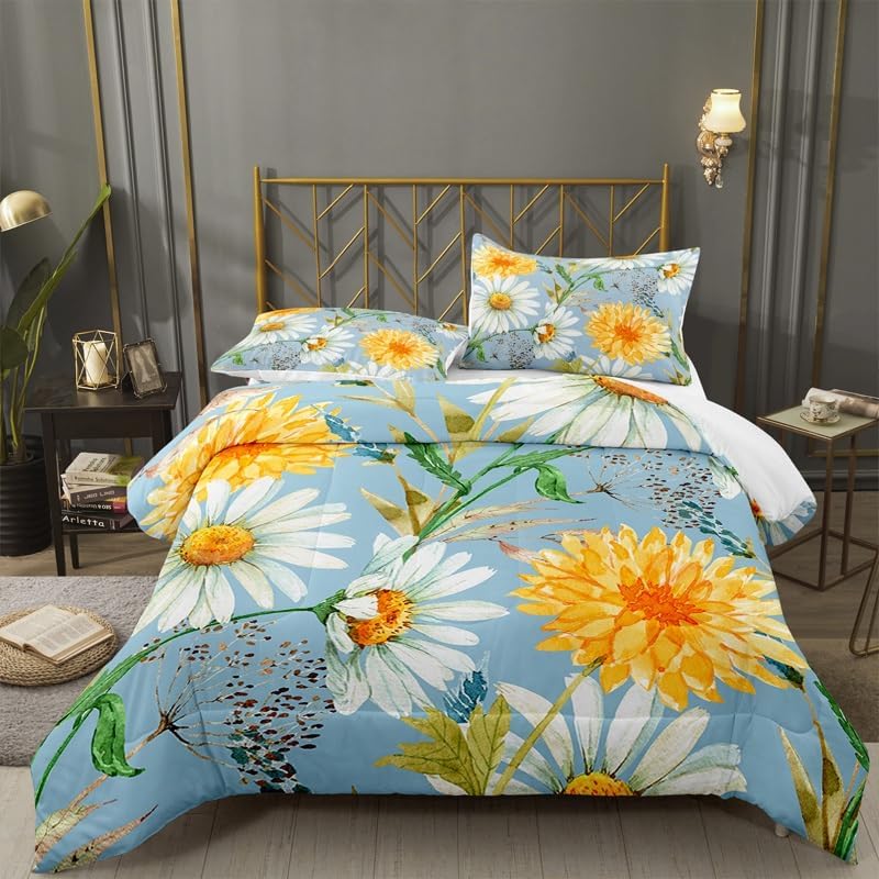 Daisy Comforter Set Queen Light Blue Spring Flowers 3 Pieces Microfiber Bedding Quilt for Couples Boys Girls Teens