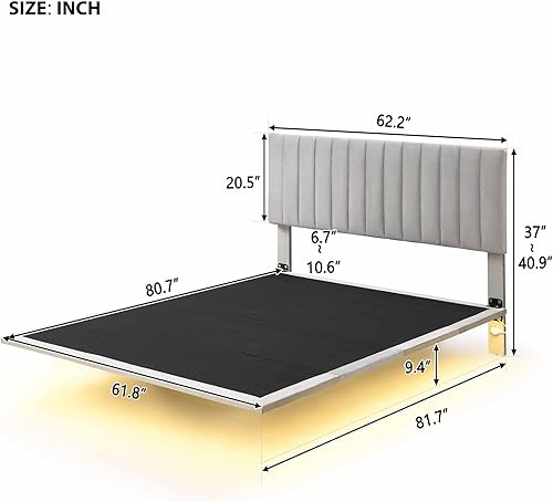 Miniatura 2 de Base de cama flotante Queen con luz LED  cabecero, base de cama moderna de tela de terciopelo, base de colchón, soporte de listones de madera, no